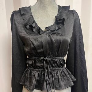 STEVE MADDEN Black Ruffle V-Neck Satin Top Small (New With Tags)